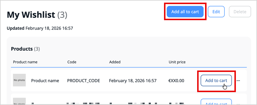 Shopping list product list with highlights on "Add to cart" and "Add all to cart" buttons